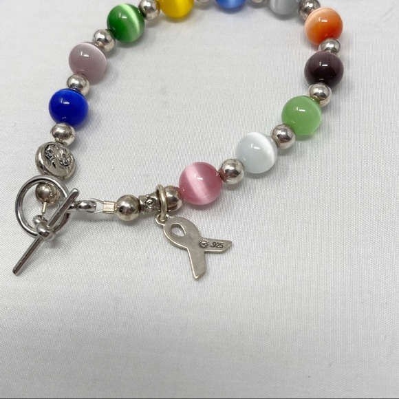 Hand Made Cats Eye Moonstone Multicolor Beaded Breast Cancer Ribbon Bracelet - Picture 4 of 4